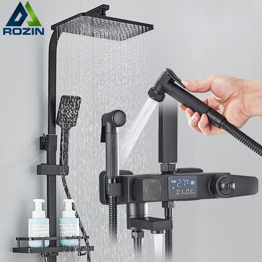 Discover Black Digital Display Thermostatic Shower Faucet Bathroom Thermostatic 4 ways Rainfall Shower Mixer Tap,Shelf and Bidet Faucets