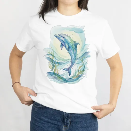 Discover Watercolor Dolphin Marine Animal T-Shirt with Colorful Nature Scenery