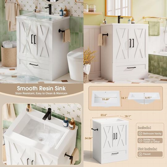 Discover 24" farmhouse style bathroom vanity with sink, storage cabinet featuring 2 doors and 1 drawer