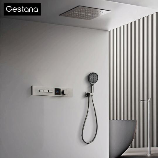 Discover Luxury Bathroom Gunmetal Brass LED Temp Display Shower Sysetem Ceiling- Embedded 2 function Rainfall/waterfall Bath Fixtures