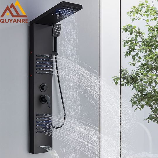 Discover Black LED Shower Panel Tower System Rain Waterfall Shower Column Hydroelectricity Massage Body Spa Bath Shower Faucet Mixer