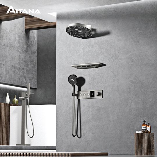 Discover Luxury Bathroom Gunmetal Brass 3-Function LED digital Display Shower System Wall-Embedded Rainfall showerhead Bath Fixtures