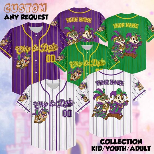 Discover Custom Chip and Dale Mardi Gras Baseball Jersey, Personalize Disney Mardi Gras Shirt