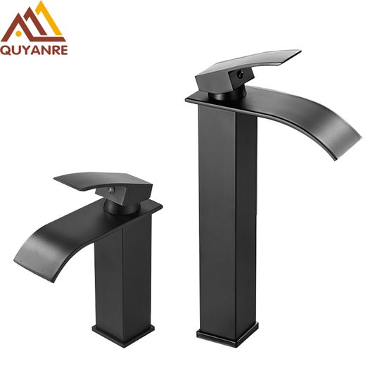 Discover Quyanre Matte Black Waterfall Basin Faucet Single Handle Mixer Hot Cold Water Basin Crane Tap For Bathroom Wash Basin Mixer Tap