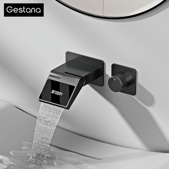Discover Gun gray brass luxury bathroom faucet with wall mounted design, dual hole hot and cold water LED digital display basin MIxer