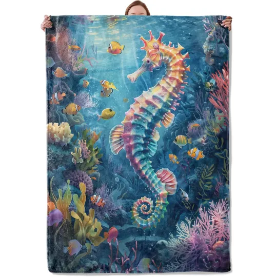 Seahorse Fleece Blanket for Women, Soft and Warm Light Blue Throw