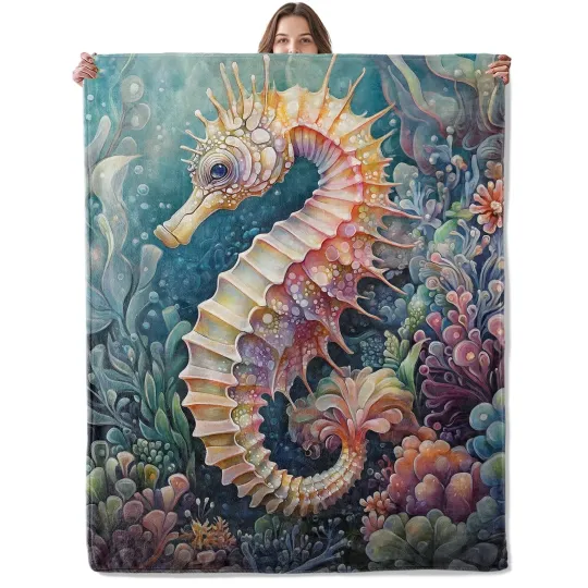 Colorful Seahorse Fleece Blanket for Kids and Adults Lightweight Fantasy Marine Life Blanket