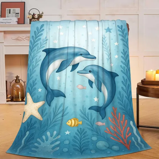 Discover Blue Dolphin Fleece Throw Blanket, Cozy Fuzzy Flannel Warm Blanket