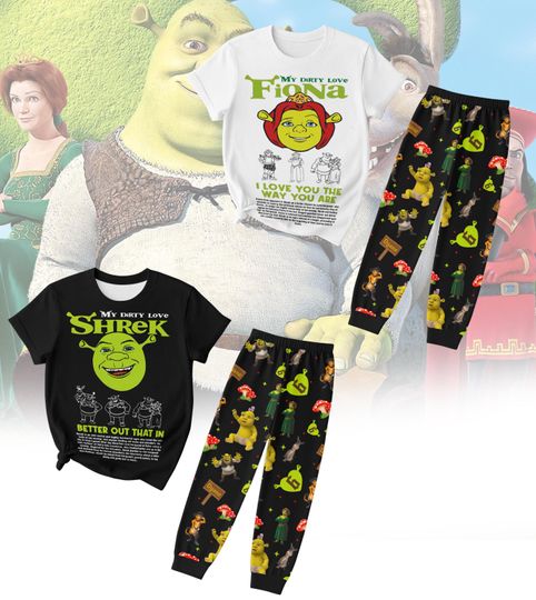 Discover Disney Shrek Pajamas Set, Fiona And Shrek T-Shirt and Pants, Meme Holiday Pajamas, Funny Cartoon Movie Shirt, Valentine Gift For Her and Him