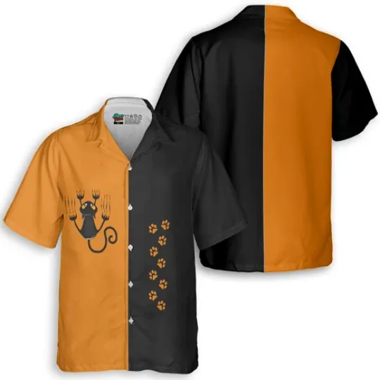 Discover Naughty Cat Pawing Orange Halloween Hawaiian Shirt