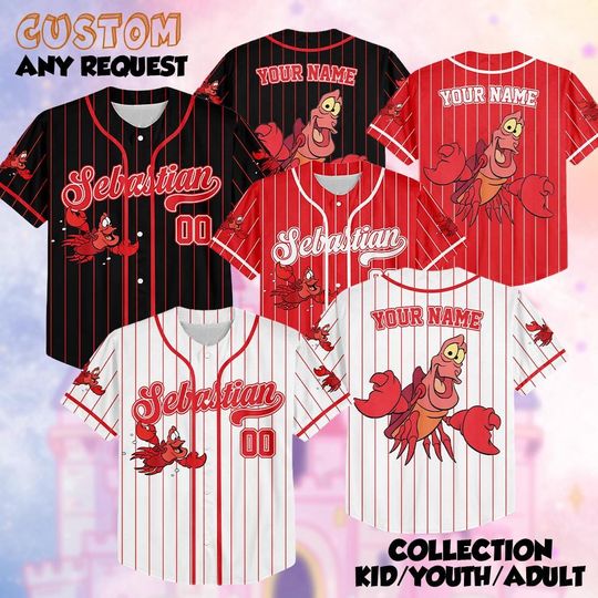 Discover Personalized Sebastian Baseball Jersey, Custom Little Mermaid Shirt, Sebastian Holiday Outfit, Matching Disney Family Tee