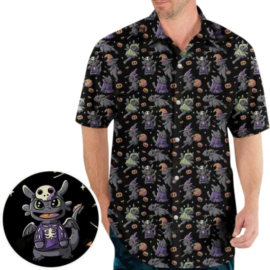 Cute Toothless Halloween Pattern Hawaiian Shirt, Funny Aloha Shirts for Men