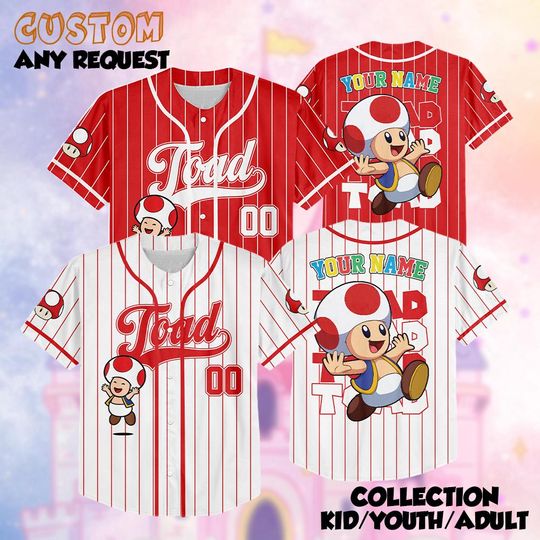 Discover Custom Toad Mushroom Kingdom Christmas Baseball Jersey, Nintendo Super Mario Shirt, Personalized Super Mario Xmas Jersey, Christmas Gifts