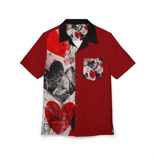 Valentine Heart Collage Shirt - Red & Black Short Sleeve Guayabera-Inspired Dress Shirt for Men