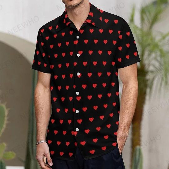 Discover Valentines Day Red Heart Black Hawaiian Shirt for Men, Tropical Button Down, Romantic Beach Vacation Clothing