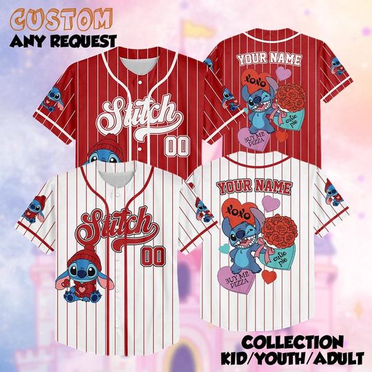 Discover Custom Stitch And Angel Valentine Xoxo Baseball Jerseys, Disneyland Kid Youth Adult Valentine Jersey, Stitch And Angel Lovers Jersey