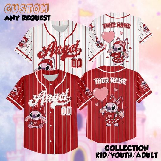 Discover Custom Stitch And Angel Valentine Xoxo Baseball Jerseys, Disneyland Kid Youth Adult Valentine Jersey, Stitch And Angel Lovers Jersey