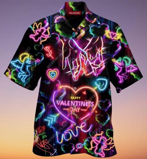 Discover Neon Valentine Hawaiian Shirt with Love Heart Print, Unisex Aloha Button Down, Romantic Neon Hawaiian Shirt