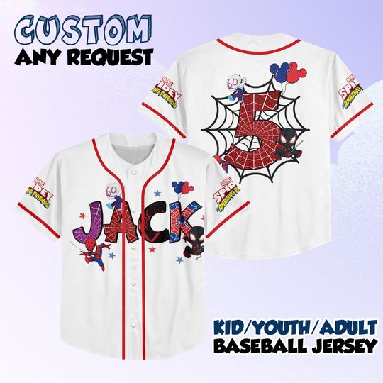 Discover Personalized Spidey and Friends Baseball Jersey, Custom Spider-Man Birthday Gift