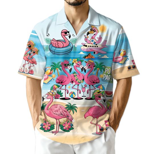 Discover Aloha Hawaiian Flamingo Cocktails 3D Beach Shirt, Tropical Summer Unisex Vacation Button-Up