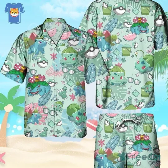 PKM Bulbasaur Pattern Ball Fans Hawaiian Shirt And Short For Men And Women