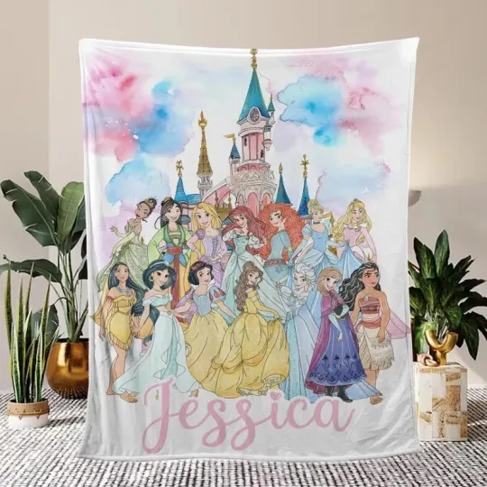 Discover Personalized Disney Princess Blanket, Watercolor Castle Disney Fleece Blanket