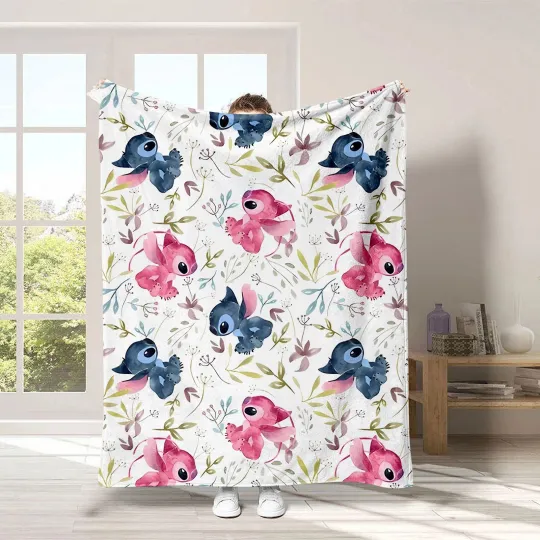 Discover Stitch And Angel Floral White Cartoon Stitch Disney Printed Fleece Blanket