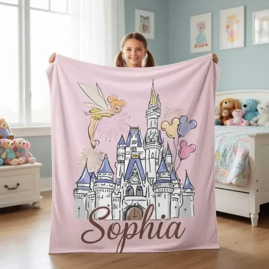 Discover Personalized Tinker Bell Disney Castle Blanket, Custom Name Fairy Fleece Blanket