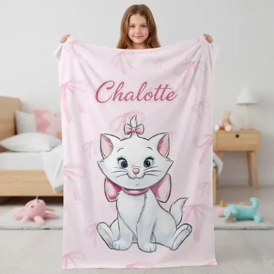 Personalized Marie Cat Blanket, Cute Aristocats Pink Bow Fleece Blanket