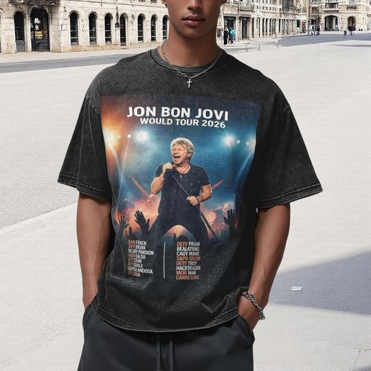 Discover Jon Bon Jovi 2026 Tour Setlist Vintage Washed Oversize T-Shirt | Classic Rock Singer Fan Merch