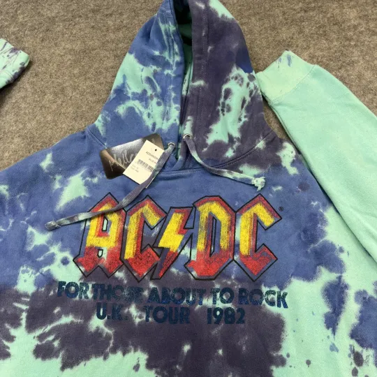 Discover AC DC Tie Dye Hoodie Mens XL FOR THOSE ABOUT TO ROCK UK TOUR 1982 Aqua Blue