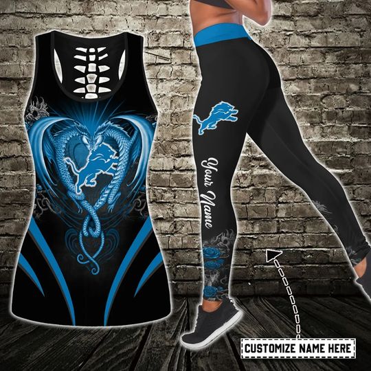 Detroit Lions Personalized Hollow Tank Top Leggings, Women's Workout Set, Gift for Football Fan