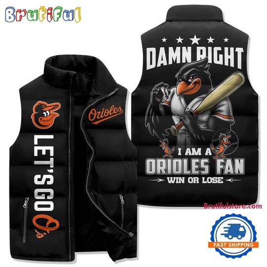 Baltimore Orioles Sporty Mascot Design Sleeveless Puffer Jacket