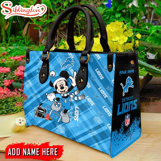 Custom Name football Detroit Lions Mickey Mouse Christmas Leather Handbag