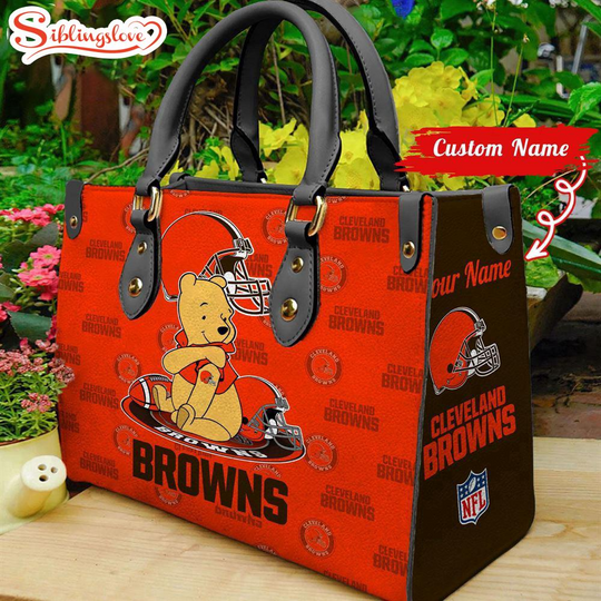 Custom Name football Cleveland Browns Pooh Bear Leather Handbag For Fans