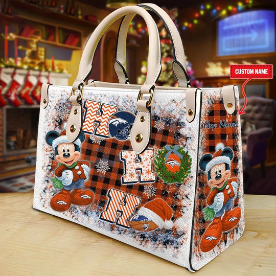 Custom Name football Denver Broncos Mickey Ho Ho Ho Christmas Leather Handbag