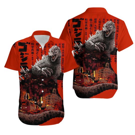 SALEJapanese Classic Movie god zilla Art 3D Print Button Up Hawaiian Lapel Shirt