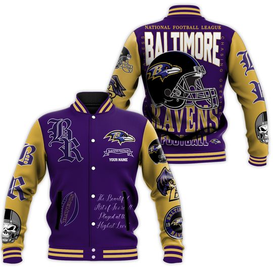 Custom Baltimore Raven football Chasing Greatness Personalized Baseball Jacket