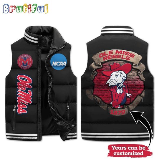 Ole Miss Rebels Mascot Sporty Design Sleeveless Puffer Jacket