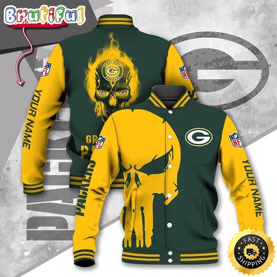 Green Bay Packers Baseball Jacket Skull Print Jacket