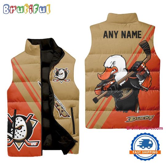 Anaheim Ducks Custom Name Sleeveless Puffer Jacket, Hockey Team Jacket Fans Gifts