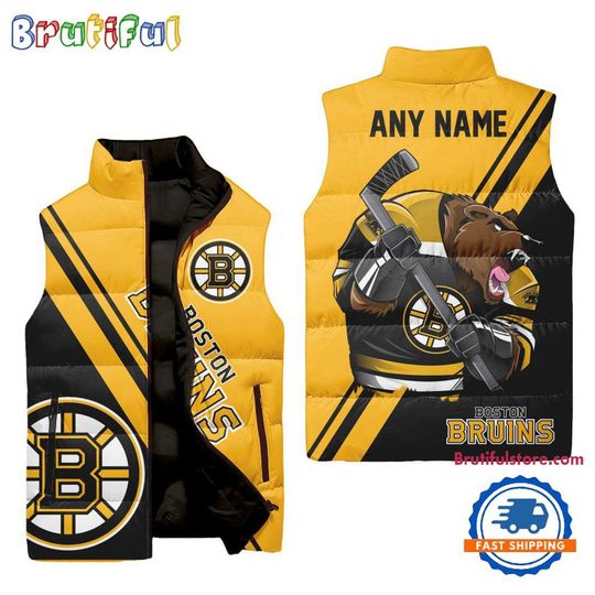 Boston Bruins Custom Name Sleeveless Puffer Jacket, Hockey Team Jacket Fans Gifts