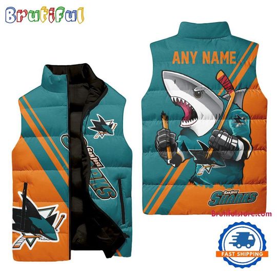 San Jose Sharks Custom Name Sleeveless Puffer Jacket, Hockey Team Jacket Fans Gifts