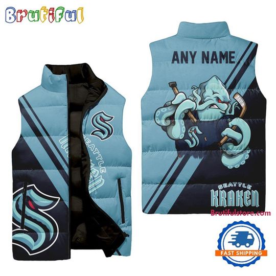 Discover Seattle Kraken Custom Name Sleeveless Puffer Jacket, Hockey Team Jacket Fans Gifts
