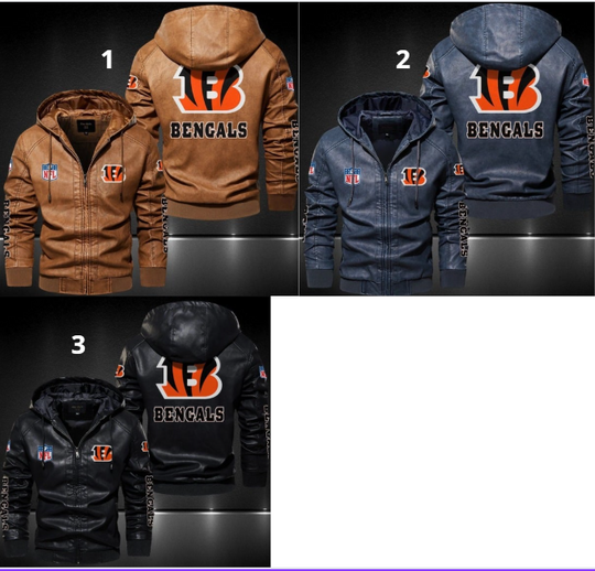 Men’s CB Football Team Bomber Hooded Genuine Leather Jacket – Black, Blue &Brown