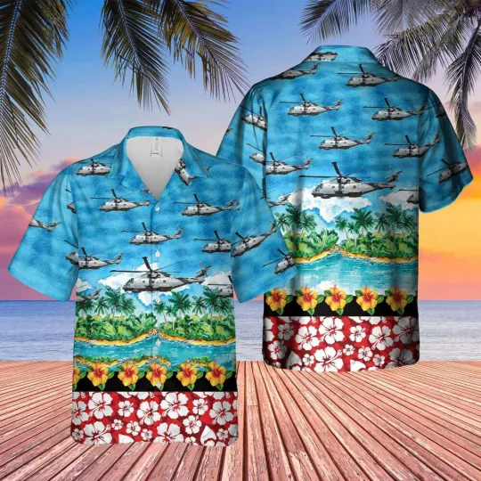Discover Royal Navy MERLIN HM MK2 Hawaiian Shirt with Hibiscus Flower and Palm Tree Design