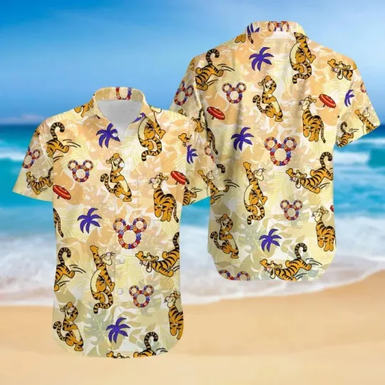 Discover Disney Tigger Winnie Pooh Tropical Leaves Yellow Hawaiian Shirt