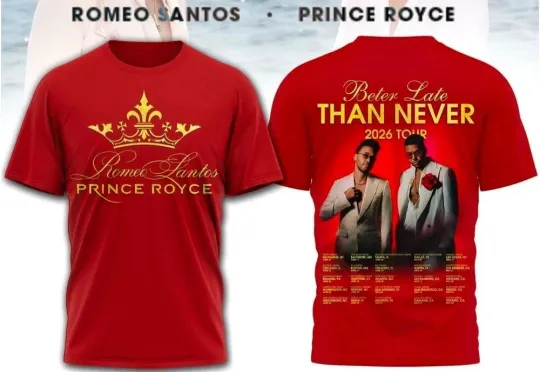 Discover Romeo Santos & Prince Royce Better Late Than Never 2026 Tour 3D T-Shirt
