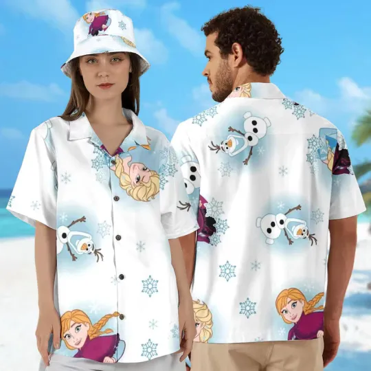 Discover Disney Frozen Elsa And Anna Olaf Snowman White Hawaiian Shirt