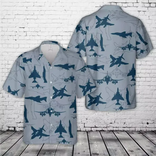 Discover US Navy McDonnell Douglas F-4 Phantom II Aircraft Silhouette Hawaiian Shirt